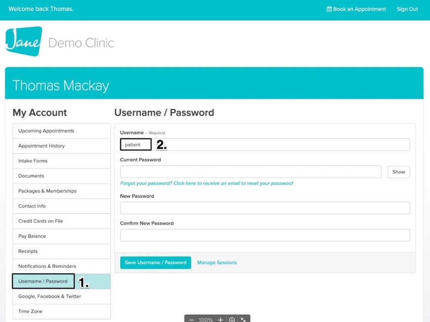 An image of where to view and update the username once logged into the My Account Patient Portal