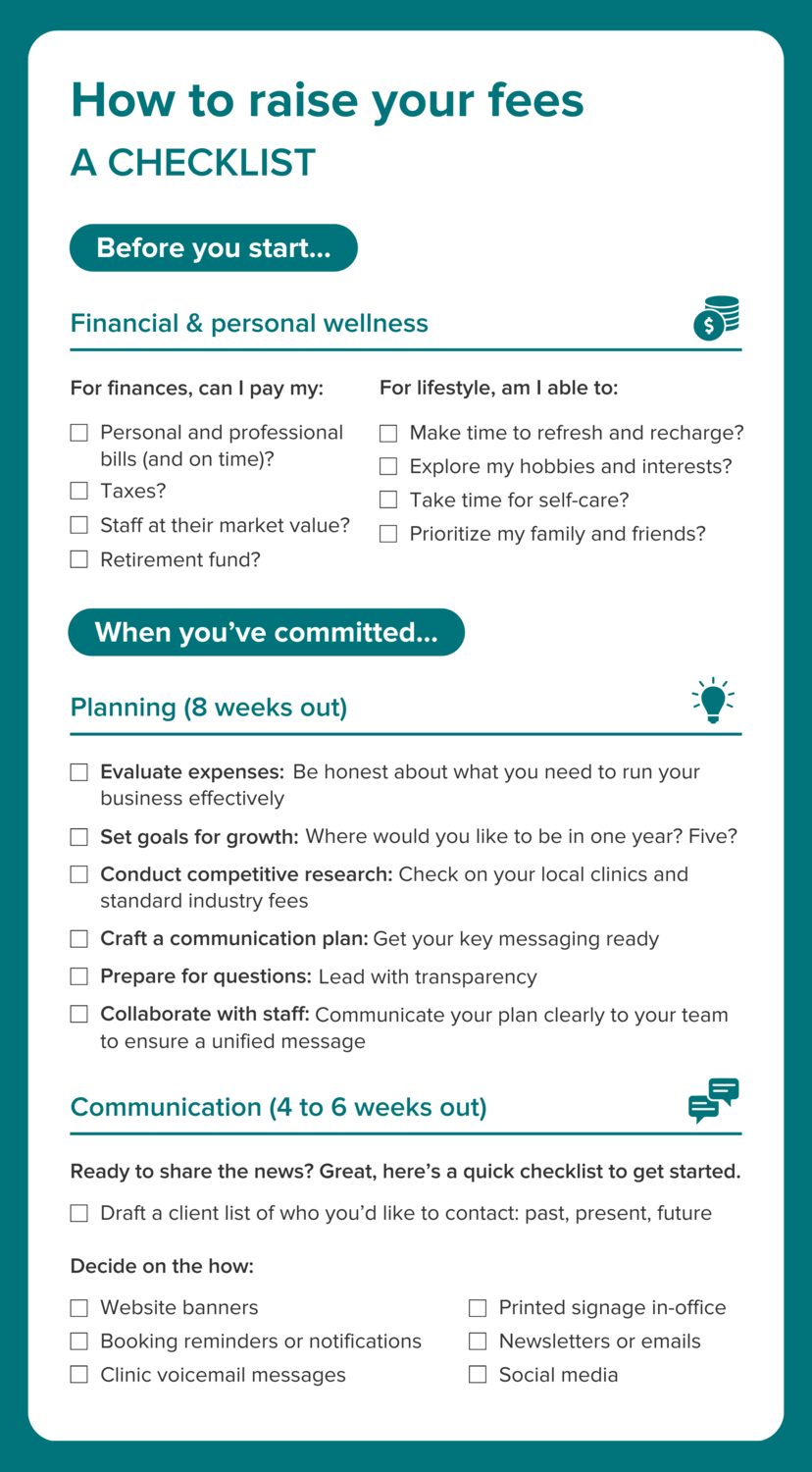 A checklist outlining how to raise your fees
