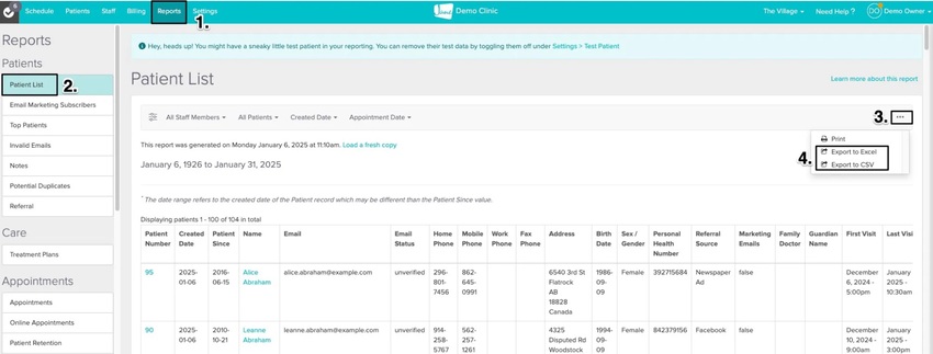 An image of where to find the patient list and how to export the report