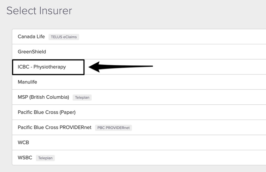 screenshot of where to select the insurer