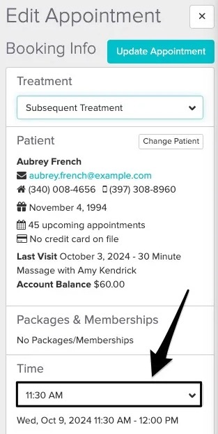 An image of where to select the time within the appointment panel