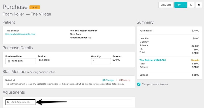 An image of where to view and add an adjustment to the product invoice