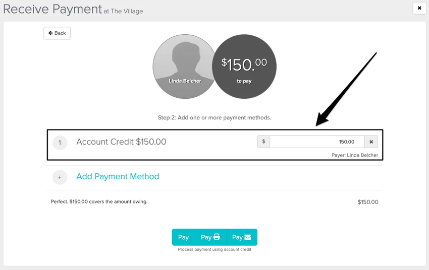 An image of what the last receive payment screen looks like and how jane should initially display the credit as the payment method