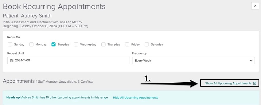 An image of where to view and click on Show All Upcoming Appointments