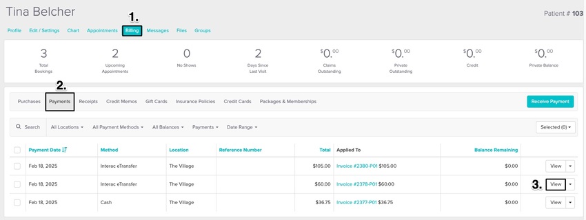 An image of the navigational steps to view the patient's payment