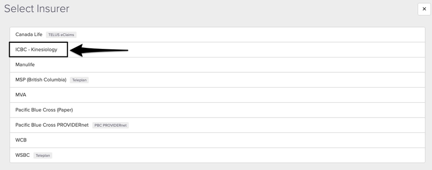 screenshot of where to select the insurer
