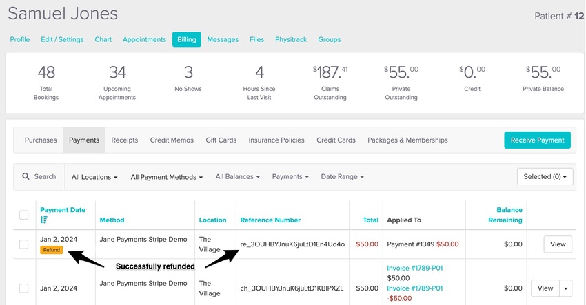 Screenshot of a patients Billing Payments