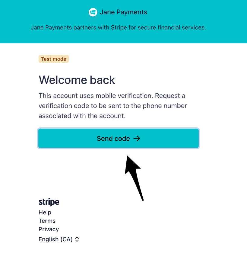 an image of the verification screen with an arrow pointing to the blue send code button