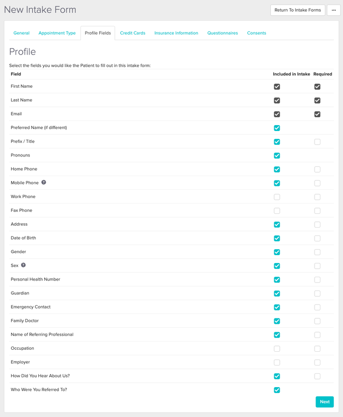profile fields in intake forms