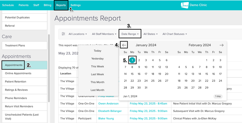 An image of the navigational steps to toggle the date range filter to the first day the staff member started seeing patients at the clinic