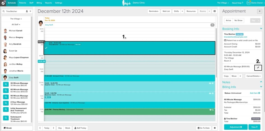 An image of the outlined navigational steps to get to the appointment panel within the schedule