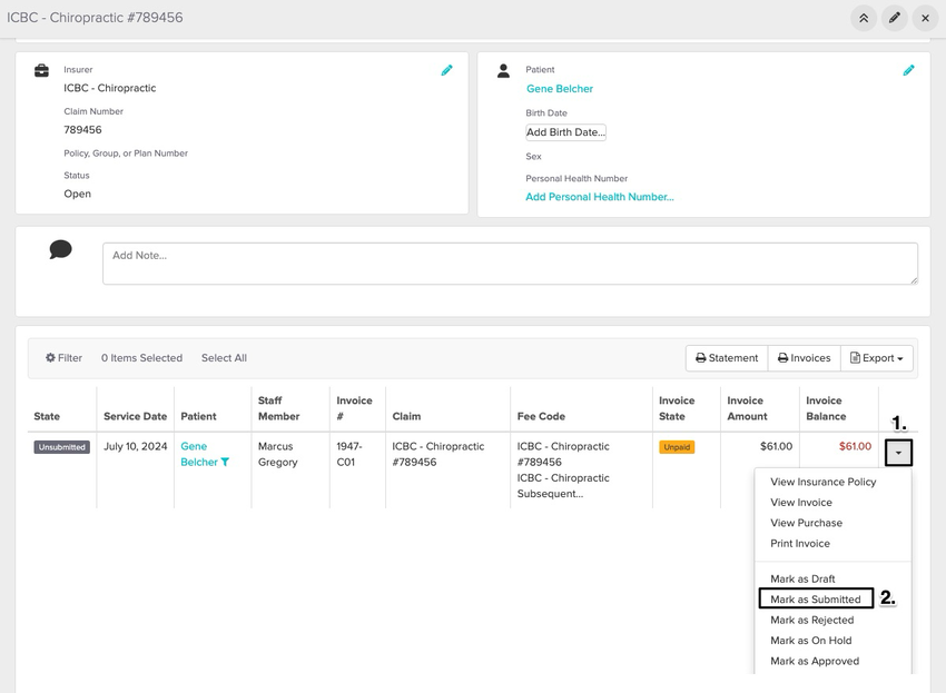 screenshot of where to find and select the black dropdown arrow to mark the claim as submitted