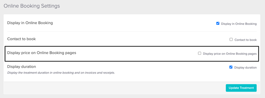 An image of what it looks like to scroll down to the Online Booking Settings section and unchecking the option to display the price on the online booking site
