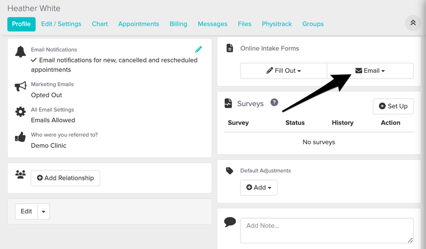 screenshot of email button for intake form