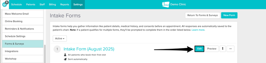 An image of the navigational steps to view and edit the intake form