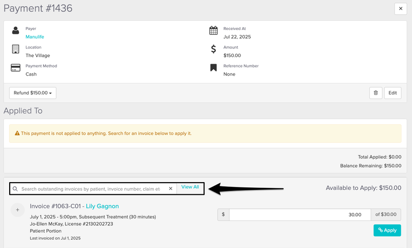 An image of where to search for a specific invoice and the blue View All option
