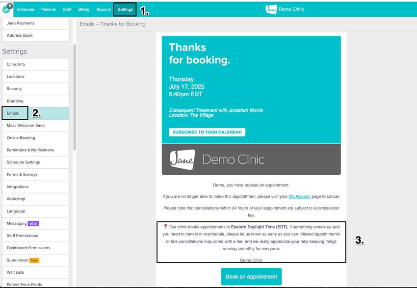 An image of the navigational steps to preview where the text displays for booking notifications