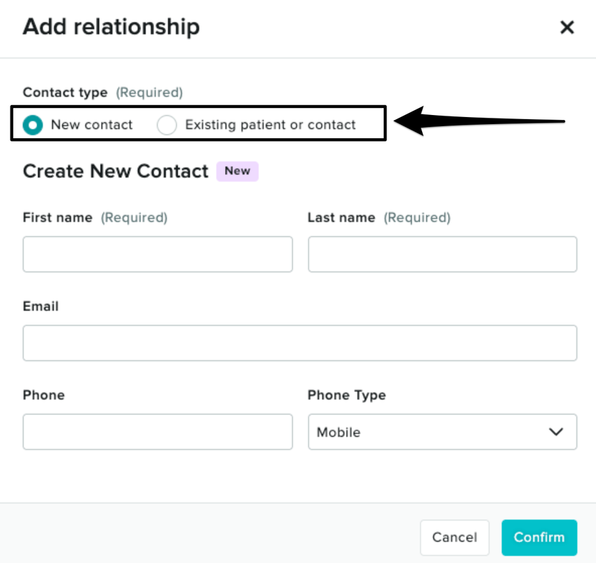 An image highlighting where to select the option to create a new contact or search for an existing patient or contact profile