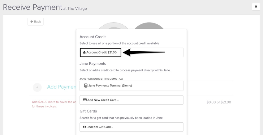 An image of where Jane will display the account credit in the pop-up window