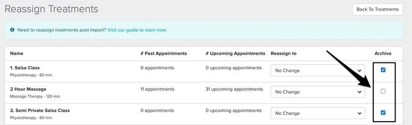 An image of where to view and click on the toggles to select the treatments you'd like to archive