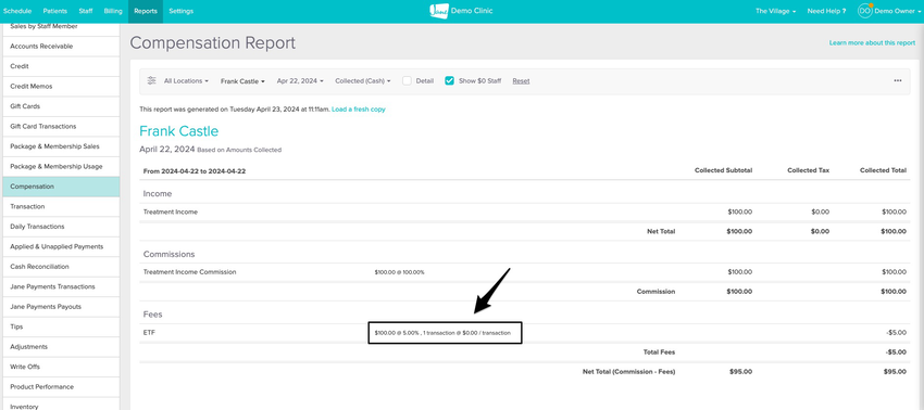 screenshot of the fees area on the compensation area