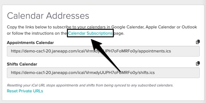 An image of where to find and click on the blue Calendar subscriptions text