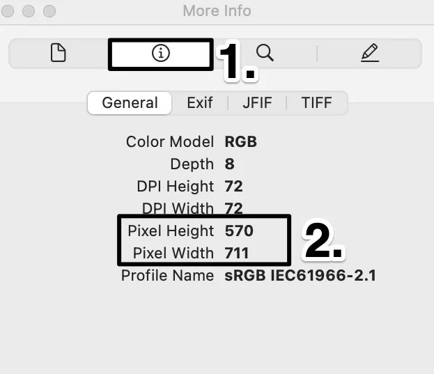 An image of what the pop up window looks like and where to view the image dimension details