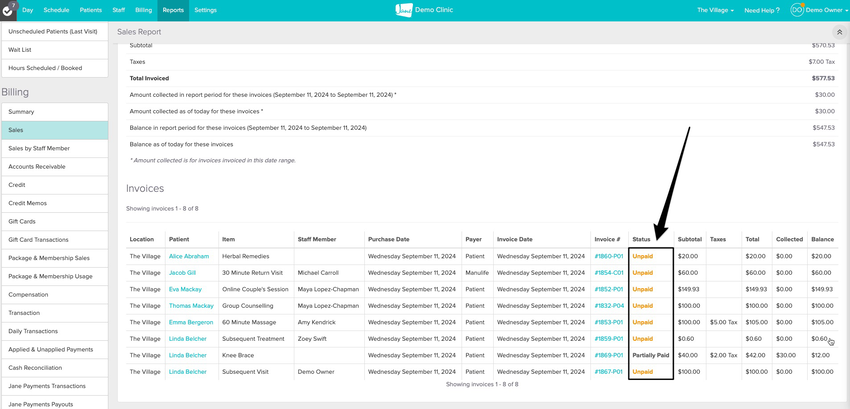 An image of the Sales report filtered to all oustanding