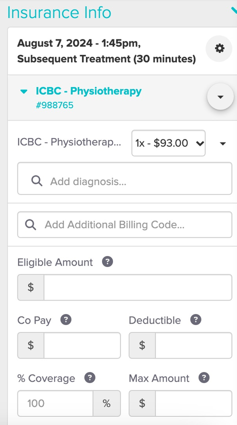 screenshot of what the appointment panel will look like after the policy and billing code are added